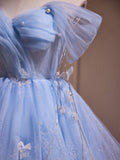 New Fashion Light Blue Pearl Design A-line Off-the-shoulder Puffy Homecoming Dress HZ1024