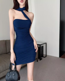 Sexy Fashion Navy Blue Backless Slim Halter Dress HZ1024