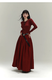 Vintage Elegant Simple Backless Red Long-sleeved Dress HZ1024