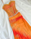 Vintage Orange Ombre Sweetheart A-Line Two Pieces Prom Dress Beaded Chiffon Spaghetti Strap Formal Dress HZ1024