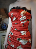 Vintage Red Floral Design Satin Strapless Romantic A-line Short Homecoming Dress HZ1024