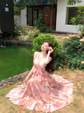 New Fashion Pink Floral Design A-line Beach Holiday Halter Dress HZ1024