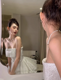 Cute Beige Sequin Ruffled Hem Design A-line Satin Strapless Party Dress Homecoming Dress HZ1024
