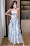 Vintage Blue Floral Design Beach Holiday A-line Long Spaghetti Strap Dress HZ1024