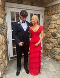 Vintage Red V-neck Long Prom Dress Sheath Tiered High Slit Formal Dress HZ1024