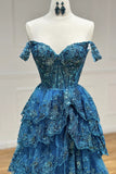 Vintage Sweetheart Sequin A-Line Sweetheart Evening Gown Off-the-shoulder Party Dress Tiered Floor Length Formal Dress HZ1024