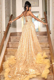 Gorgeous Golden Strapless Prom Dress Beaded Evening Gown High Slit Party Dress Trailing Long Formal Dress HZ1024