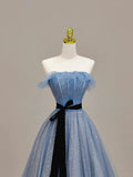 Gray Tulle Floor Length Prom Dress, A-Line Strapless Evening Party Dress HZ1024