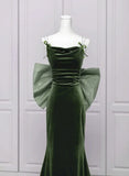 Green Velvet Straps Low Back Evening Dress, Green Velvet Prom Dress HZ1024