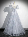 Gray Tulle Beaded Floor Length Prom Dress, A-Line Short Sleeve Evening Party Dress HZ1024