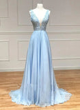 Light Blue Chiffon with Lace A-line Prom Dress, Light Blue Evening Dress HZ1024
