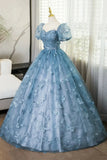 Lovely Blue Short Sleeves Long Party Dress With Butterfly Lace, Blue Prom Dress HZ1024