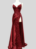 Wine Red Satin with Lace Formal Dress, Wine Red Evening Dress Prom Dress HZ1024