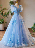 A-Line Light Blue Tulle With Lace Short Sleeves Prom Dress, Tulle Sweet 16 Dress HZ1024