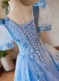 A-Line Light Blue Tulle With Lace Short Sleeves Prom Dress, Tulle Sweet 16 Dress HZ1024