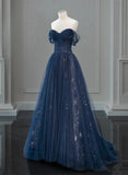 Navy Blue Sweetheart Off Shoulder Tulle Prom Dress, A-line Tulle Formal Dress HZ1024
