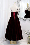 Wine Red Velvet Tea Length Party Dress, Wine Red Straps Homecoming Dress HZ1024