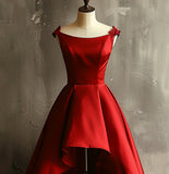 Wine Red Satin High Low Round Neckline Party Dress, Wine Red Homecoming Dress HZ1024