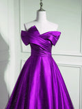 A-Line Off Shouolder Black And Purple Satin Party Dress, Long Prom Dress HZ1024