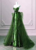 A-Line Green Sequins And Tulle Long Party Dress, Green Evening Dress Formal Dress HZ1024