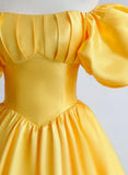 Yellow A-Line Satin Off Shoulder Prom Dress, Yellow Evening Dress HZ1024