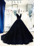 Black V-neckline Shiny Tulle Beaded Sweet 16 Dress, Black Formal Dress HZ1024
