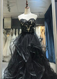 A-line Black Sweetheart Tulle Layers Long Party Dress, Black Tulle Prom Dress HZ1024