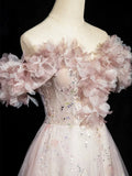 Dusty Pink Tulle Sequins Floor Length Prom Dress, Beautiful A-Line Evening Party Dress HZ1024