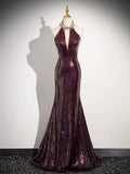 Burgundy Sequins Long Prom Dress, Mermaid Backless Evening Formal Dress HZ1024