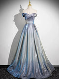 A-Line Gradient Blue Floor Length Prom Dress, Off the Shoulder Evening Party Dress HZ1024