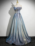 A-Line Gradient Blue Floor Length Prom Dress, Off the Shoulder Evening Party Dress HZ1024