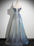A-Line Gradient Blue Floor Length Prom Dress, Off the Shoulder Evening Party Dress HZ1024