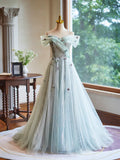 A-Line Green Floor Length Prom Dress, Beautiful Off the Shoulder Backless Evening Party Dress HZ1024