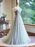 A-Line Green Floor Length Prom Dress, Beautiful Off the Shoulder Backless Evening Party Dress HZ1024