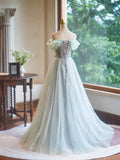 A-Line Green Floor Length Prom Dress, Beautiful Off the Shoulder Backless Evening Party Dress HZ1024