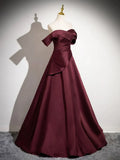 Dark Burgundy Satin Long Prom Dress, A-Line Off the Shoulder Evening Party Dress HZ1024