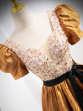 Unique V-Neck Beaded Floor Length Prom Dress, Beautiful A-Line Short Sleeve Party Dress HZ1024