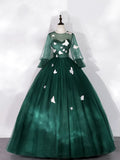Dark Green Tulle Floor Length Prom Dress with Butterfly Appliques, A-Line Long Sleeve Evening Party Dress HZ1024