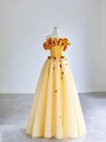 Yellow Tulle Applique Long Prom Dress, Off the Shoulder Sleeveless Backless Long Formal Evening Dress HZ1024