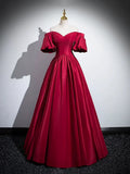 Burgundy Satin Long Prom Dress, Off the Shoulder A-Line Formal Evening Dress HZ1024