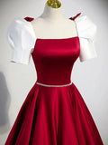 White and Burgundy Satin Long Prom Dress, Beautiful A-Line Short Sleeve Evening Dress HZ1024