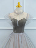 Lovely Velvet and Tulle Floor Length Prom Dress, Gray A-Line Formal Evening Dress HZ1024
