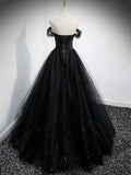 Black Tulle Beaded Floor Length Prom Dress, Black A-Line Off-Shoulder Evening Party Dress HZ1024