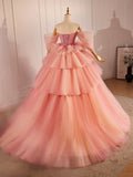 Pink Sweetheart Neck Tulle Long Ball Gown, Beautiful A-Line Evening Party Gown HZ1024