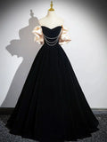 Black Velvet Floor Length Prom Dress, Off the Shoulder A-Line Evening Party Dress HZ1024