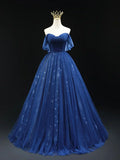Beautiful Blue Tulle Floor Length Prom Dress, A-Line Off the Shoulder Princess Dress Evening Dress HZ1024