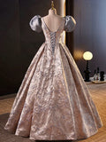 Stylish Floor-Length Printing Prom Dresses, A-Line Short Sleeve Backless Evening Formal Dresses HZ1024