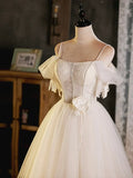 Light Champagne Spaghetti Strap Tulle Party Dress, Beautiful A-Line Evening Prom Dress HZ1024