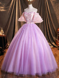 Purple Tulle Sequins Long Prom Dress, A-Line Off the Shoulder Evening Party Dress HZ1024