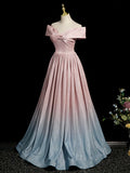 Pink Gradient Shiny Floor Length Prom Dress, Off Shoulder A-Line Evening Party Dress HZ1024